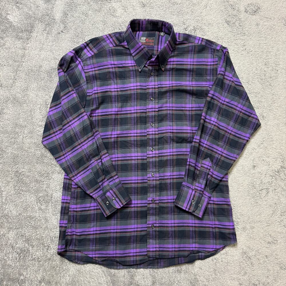 Vintage 90s Button Down Shirt Mens M Este's Portland OR Purple Plaid Long Cotton